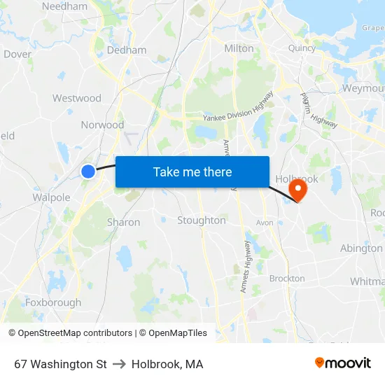 67 Washington St to Holbrook, MA map