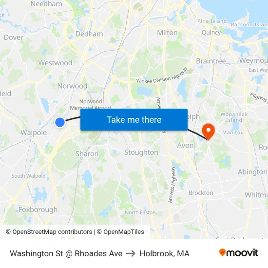 Washington St @ Rhoades Ave to Holbrook, MA map