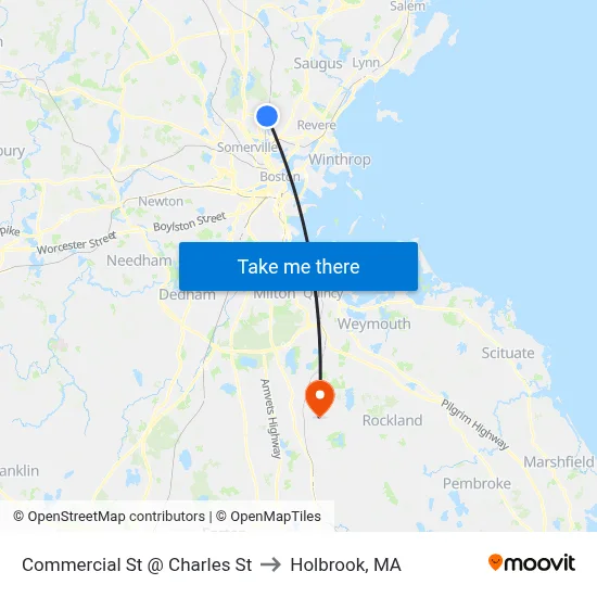 Commercial St @ Charles St to Holbrook, MA map