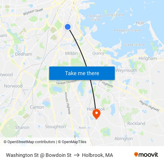 Washington St @ Bowdoin St to Holbrook, MA map