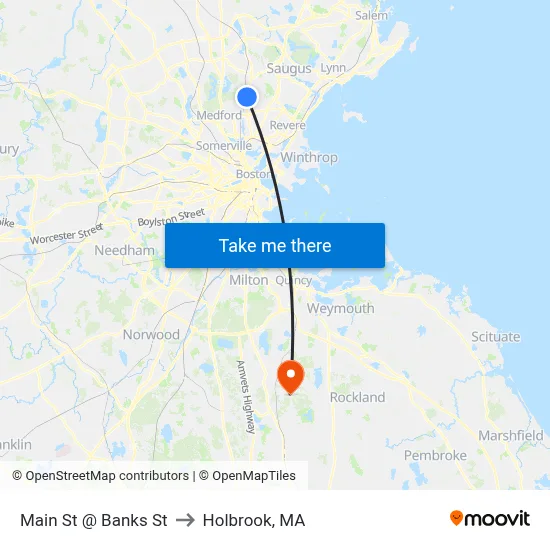 Main St @ Banks St to Holbrook, MA map