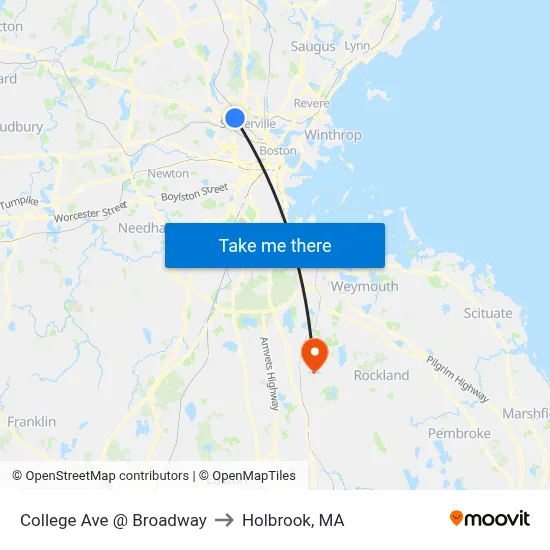 College Ave @ Broadway to Holbrook, MA map