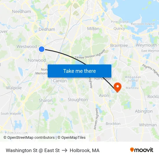Washington St @ East St to Holbrook, MA map