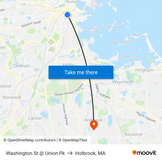 Washington St @ Union Pk to Holbrook, MA map