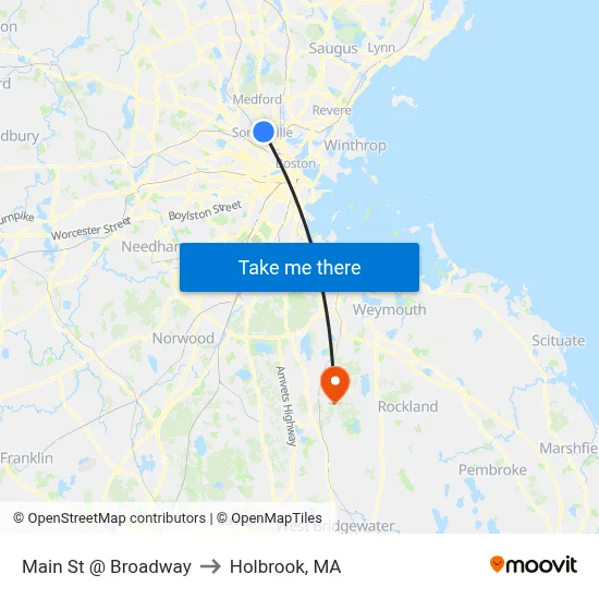 Main St @ Broadway to Holbrook, MA map