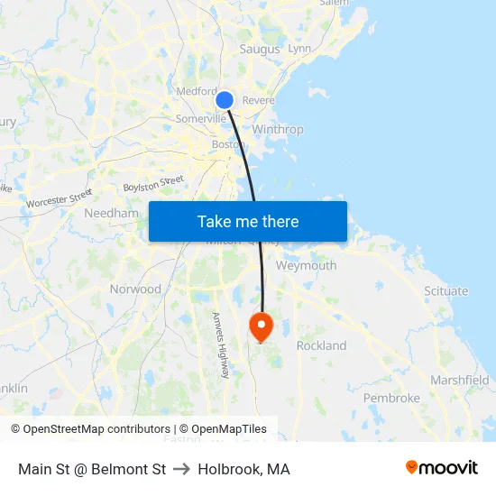Main St @ Belmont St to Holbrook, MA map