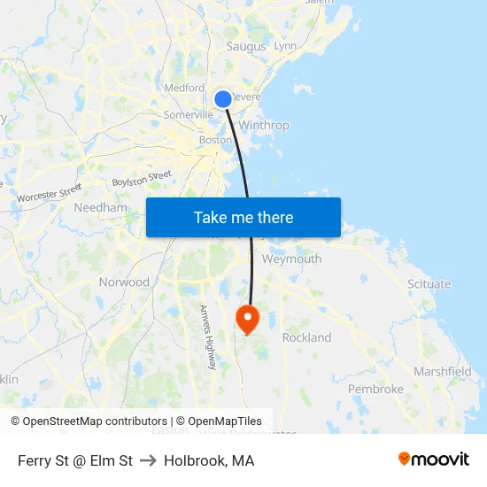 Ferry St @ Elm St to Holbrook, MA map
