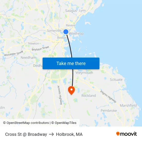 Cross St @ Broadway to Holbrook, MA map