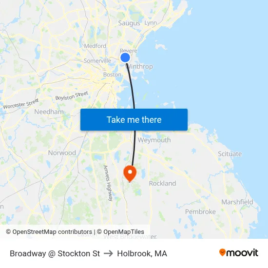Broadway @ Stockton St to Holbrook, MA map