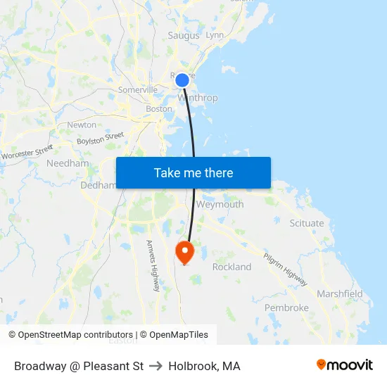 Broadway @ Pleasant St to Holbrook, MA map