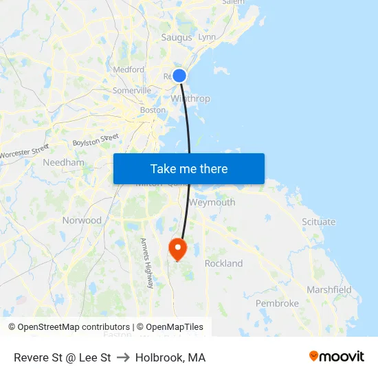 Revere St @ Lee St to Holbrook, MA map