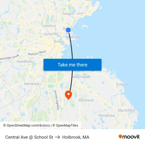 Central Ave @ School St to Holbrook, MA map