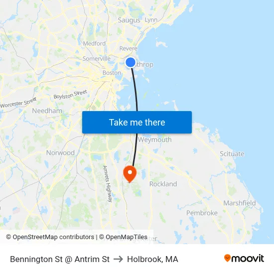 Bennington St @ Antrim St to Holbrook, MA map