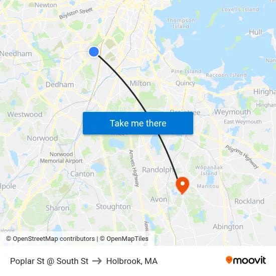Poplar St @ South St to Holbrook, MA map
