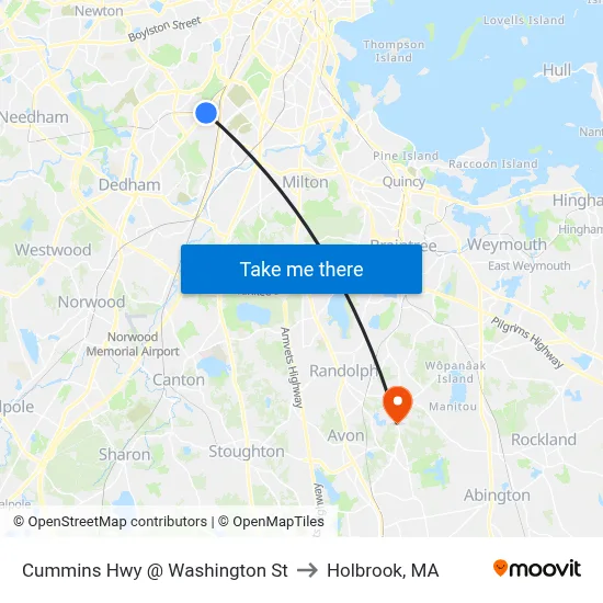 Cummins Hwy @ Washington St to Holbrook, MA map