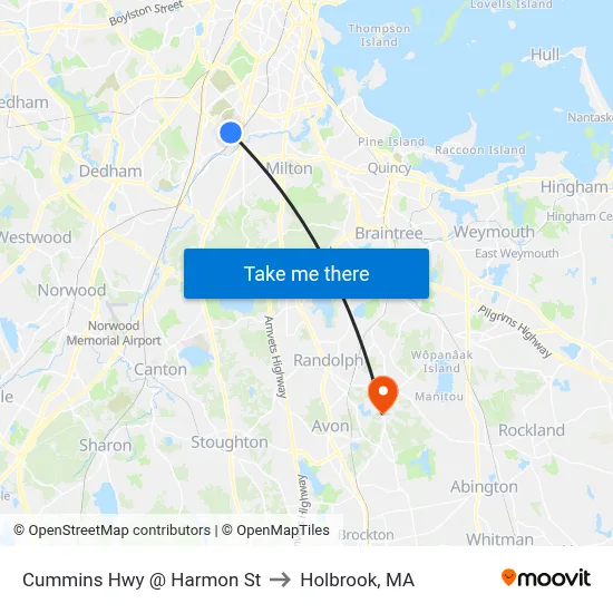 Cummins Hwy @ Harmon St to Holbrook, MA map