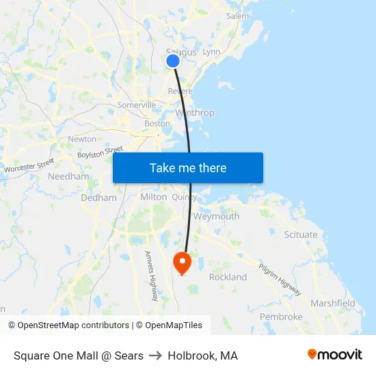 Square One Mall @ Sears to Holbrook, MA map