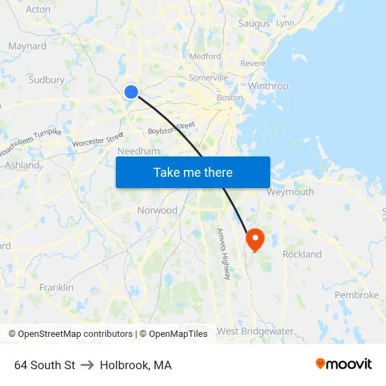 64 South St to Holbrook, MA map