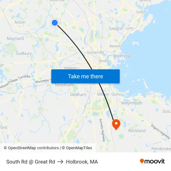 South Rd @ Great Rd to Holbrook, MA map