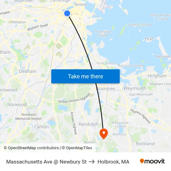 Massachusetts Ave @ Newbury St to Holbrook, MA map