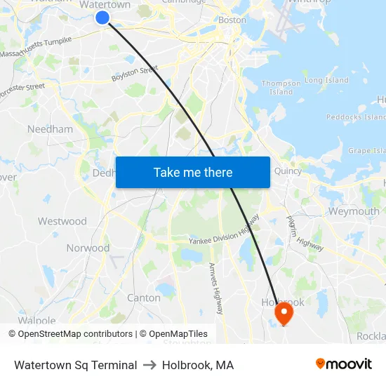Watertown Sq Terminal to Holbrook, MA map