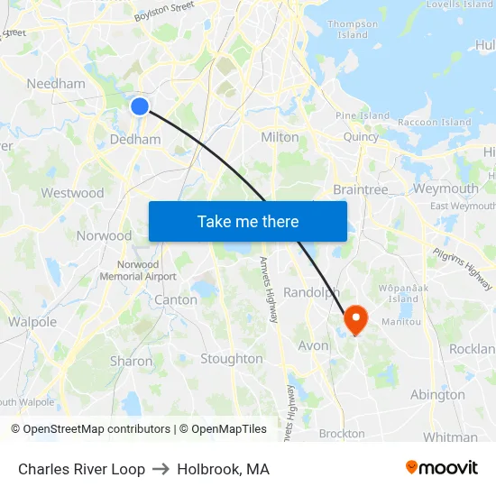 Charles River Loop to Holbrook, MA map