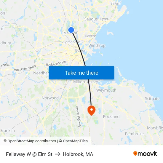 Fellsway W @ Elm St to Holbrook, MA map