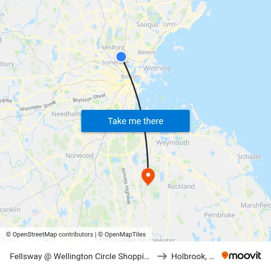 Fellsway @ Wellington Circle Shopping Ctr to Holbrook, MA map