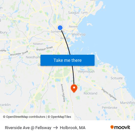 Riverside Ave @ Fellsway to Holbrook, MA map