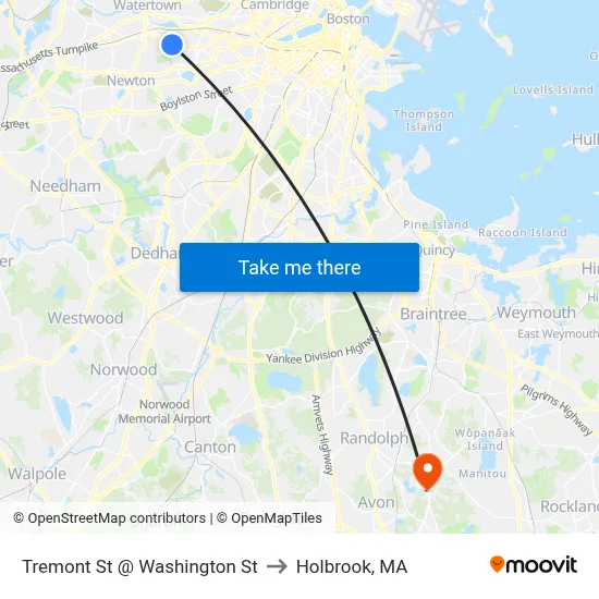 Tremont St @ Washington St to Holbrook, MA map