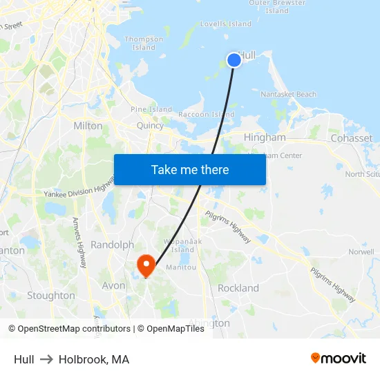 Hull to Holbrook, MA map