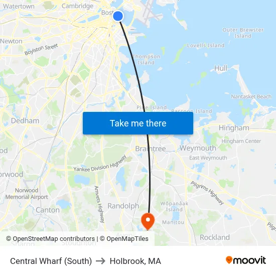 Central Wharf (South) to Holbrook, MA map