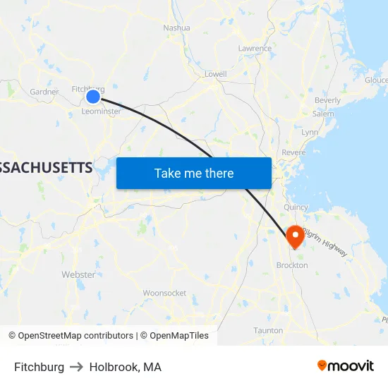 Fitchburg to Holbrook, MA map