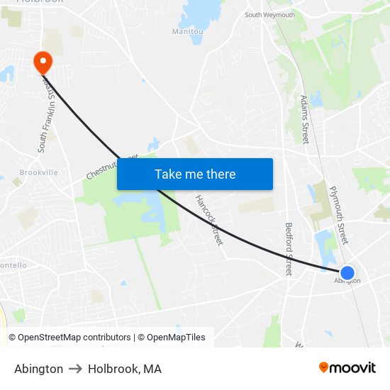 Abington to Holbrook, MA map