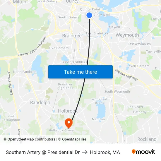 Southern Artery @ Presidential Dr to Holbrook, MA map