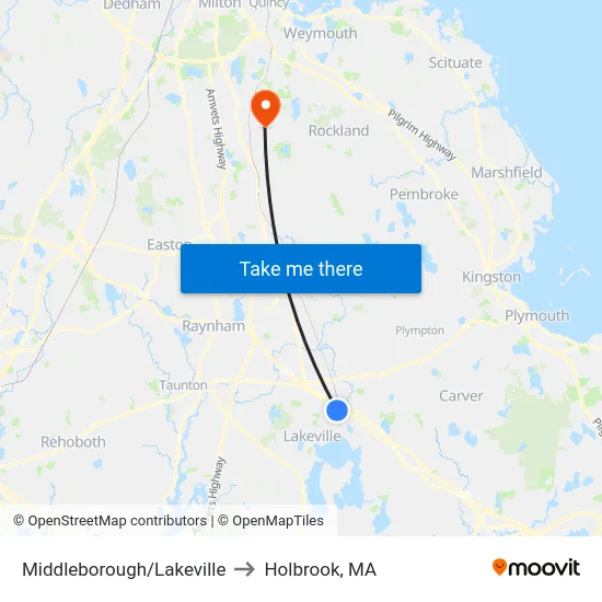 Middleborough/Lakeville to Holbrook, MA map