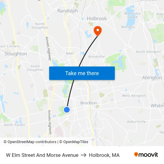W Elm Street And Morse Avenue to Holbrook, MA map