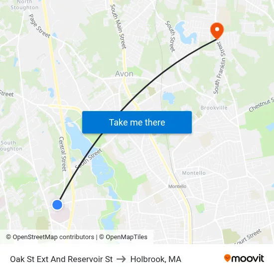 Oak St Ext And Reservoir St to Holbrook, MA map