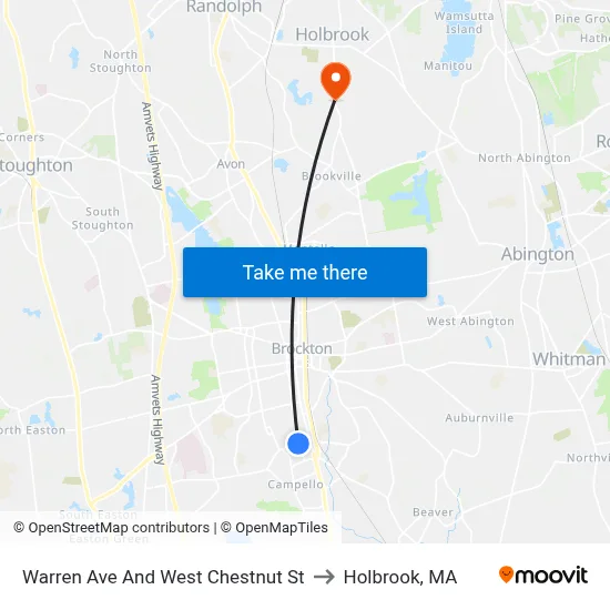 Warren Ave And West Chestnut St to Holbrook, MA map