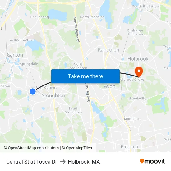Central St at Tosca Dr to Holbrook, MA map