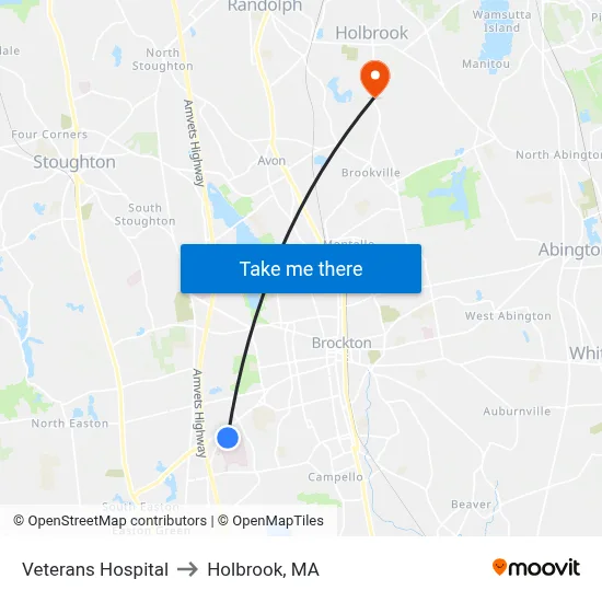 Veterans Hospital to Holbrook, MA map