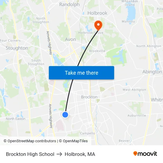Brockton High School to Holbrook, MA map