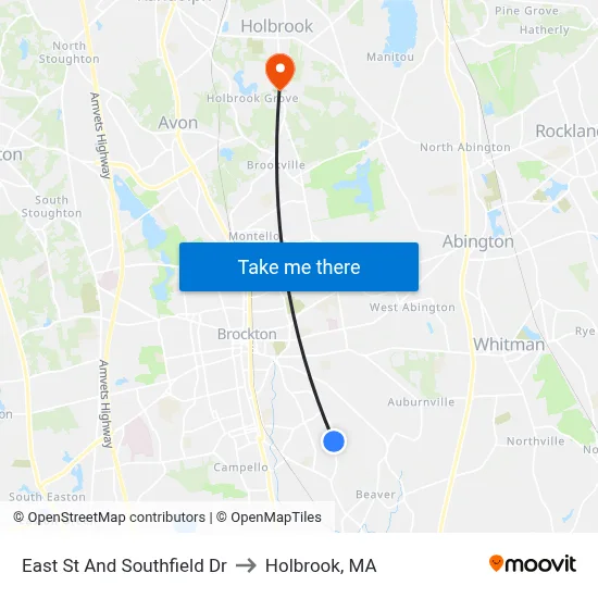 East St And Southfield Dr to Holbrook, MA map