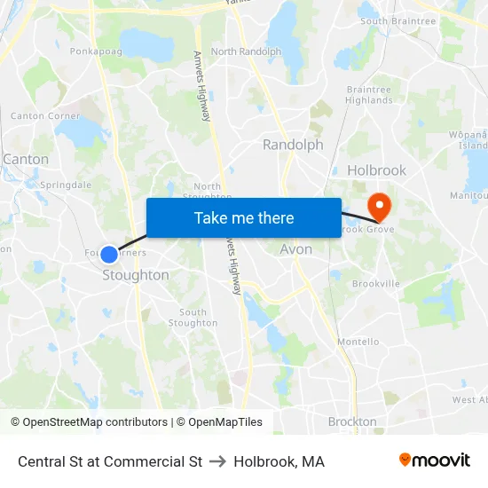 Central St at Commercial St to Holbrook, MA map