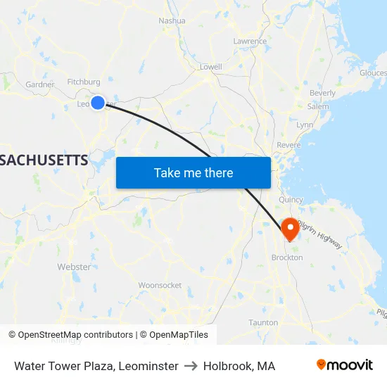 Water Tower Plaza, Leominster to Holbrook, MA map