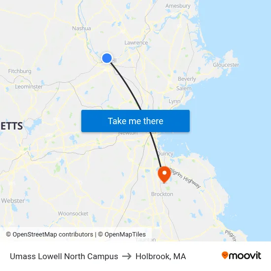 Umass Lowell North Campus to Holbrook, MA map