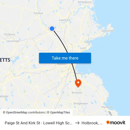 Paige St And Kirk St - Lowell High School to Holbrook, MA map