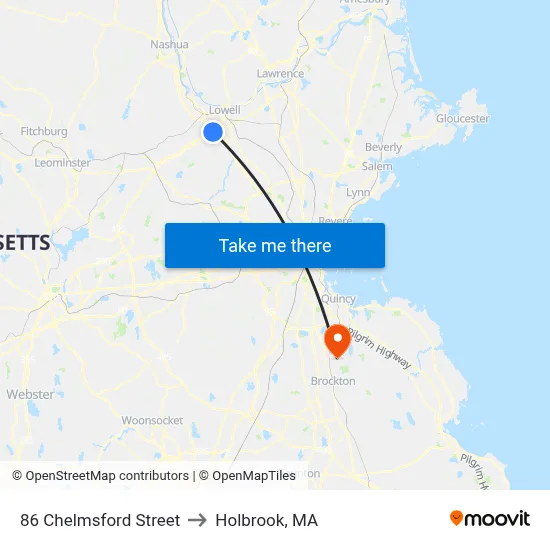 86 Chelmsford Street to Holbrook, MA map