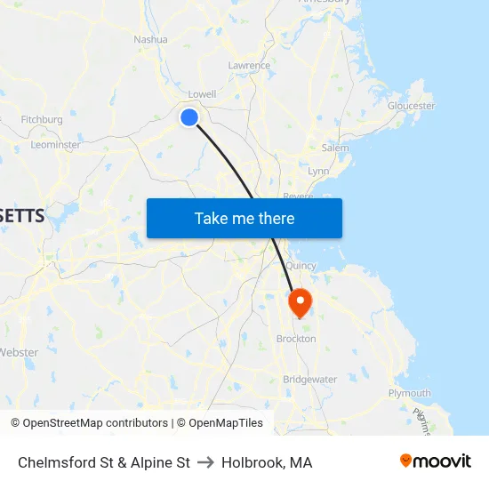 Chelmsford St & Alpine St to Holbrook, MA map