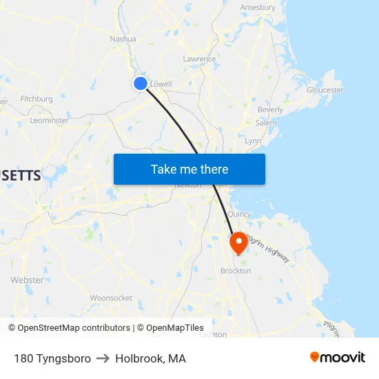 180 Tyngsboro to Holbrook, MA map